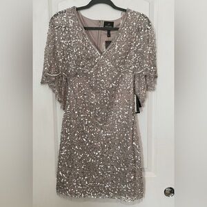 Adrianna Papell Cape Sleeve Sequin Short Dress 0 silver beaded party wedding 0